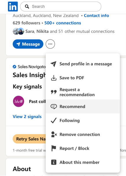 LinkedIn profile "More" dropdown menu showing the Recommend option