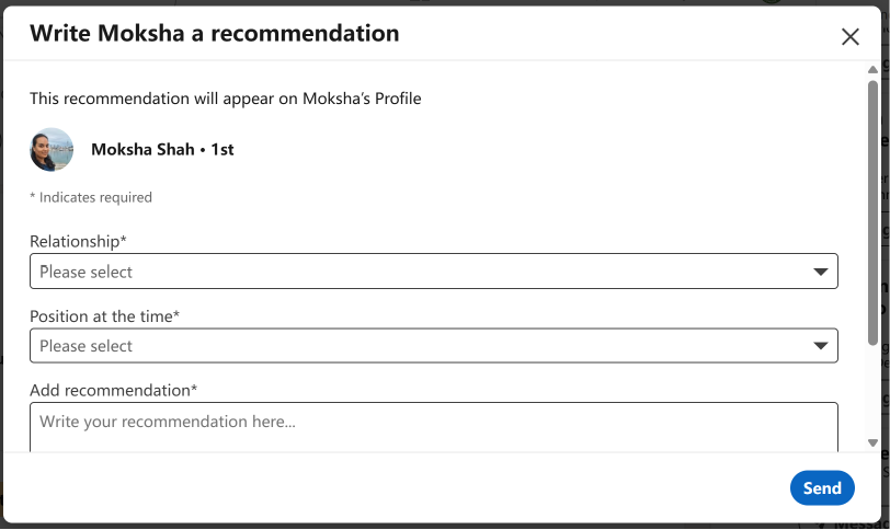 LinkedIn "Write a recommendation" modal form