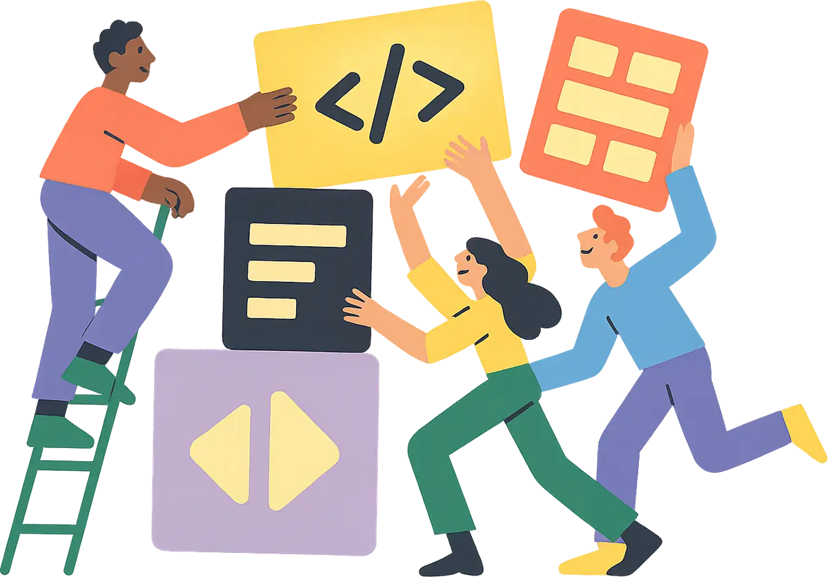 Three friends building a website out of oversized code blocks